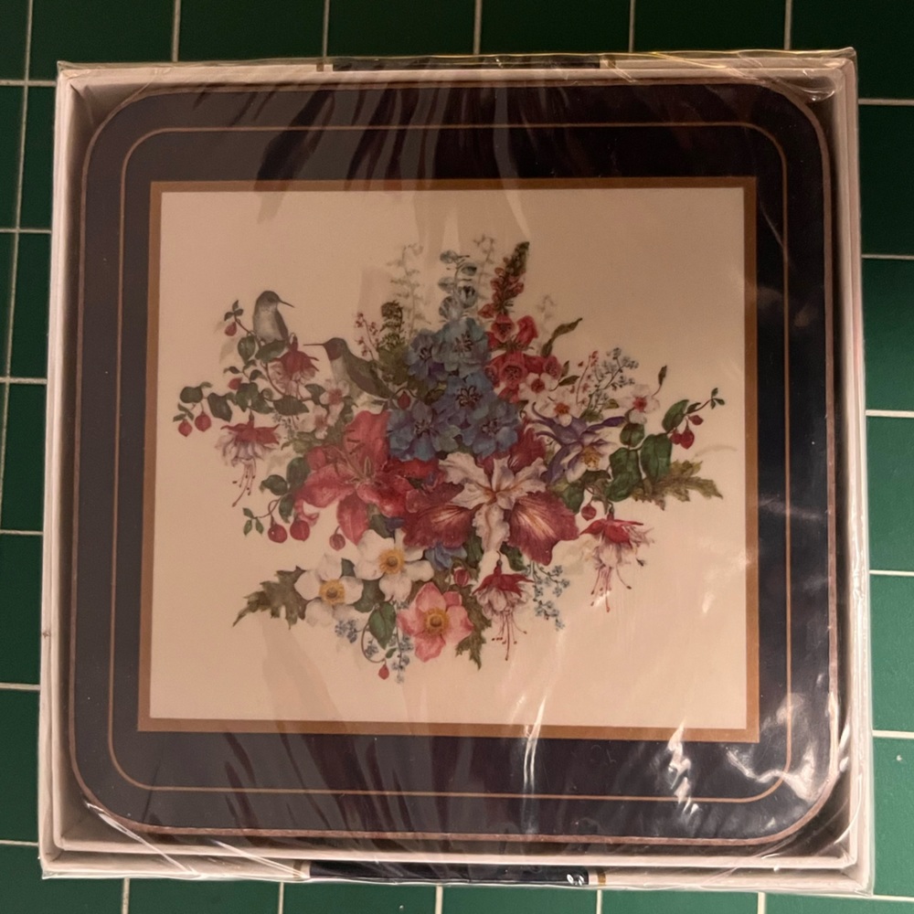 Set of 6 Pimpernel Birds Flowers Floral Bouquet Square Coasters Cork NIB NWT vtg